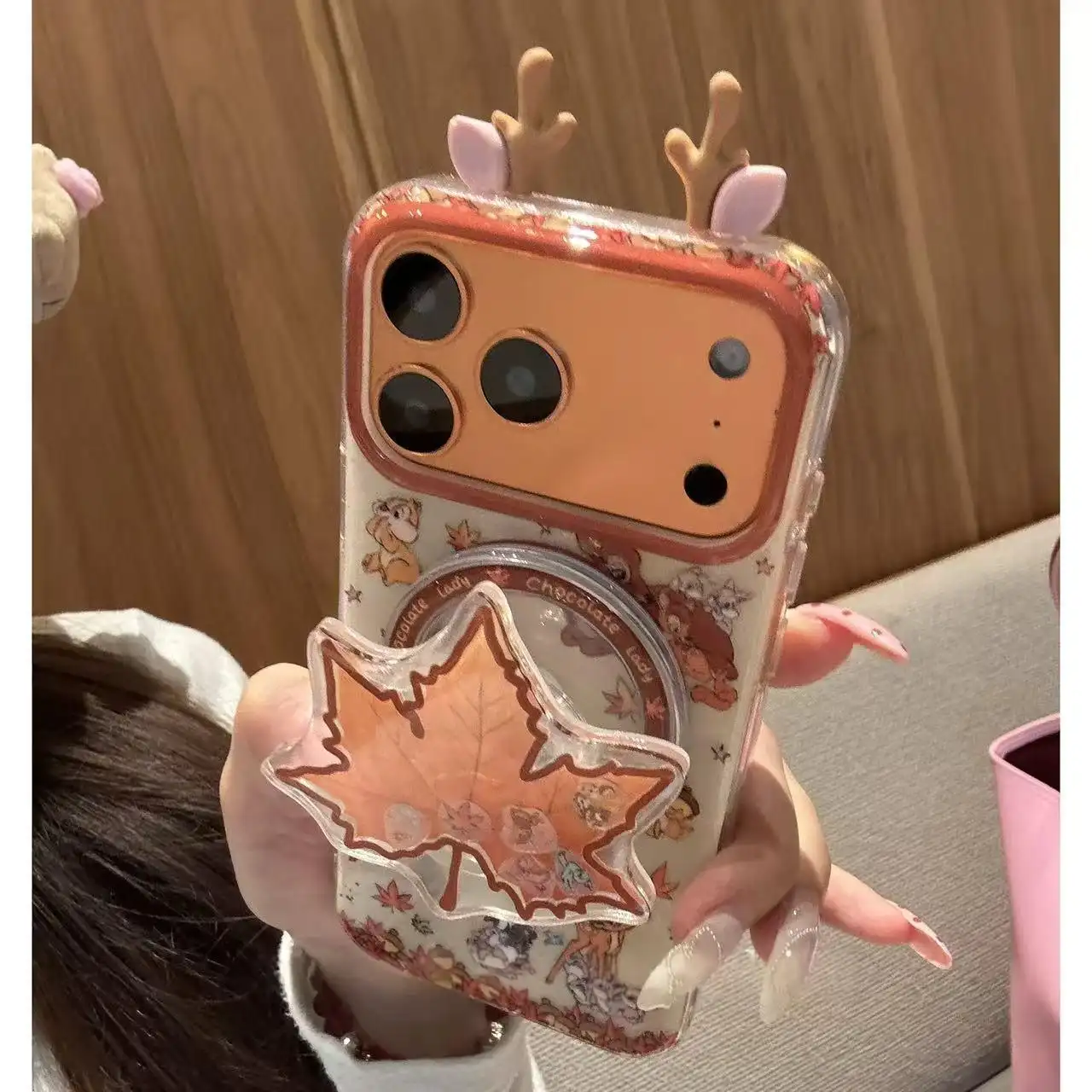 Cute 3D Deer-Ear Maple-Leaf Magnetic Phone Case