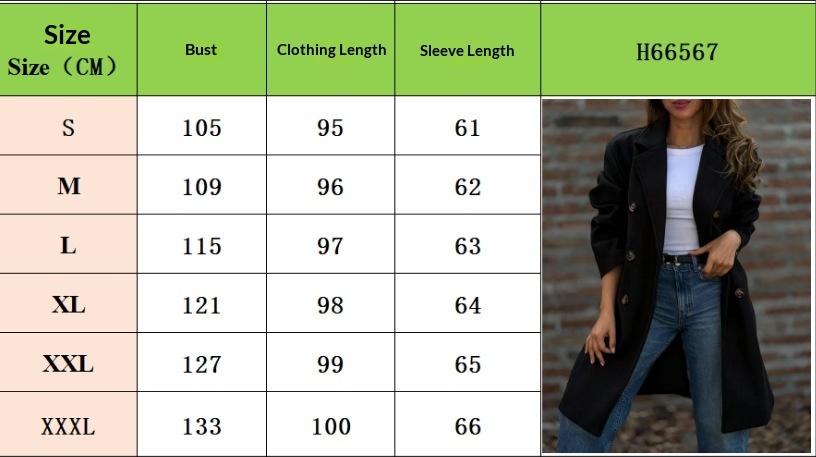 Size chart for Notch-Lapel Double-Breasted Wool Coat