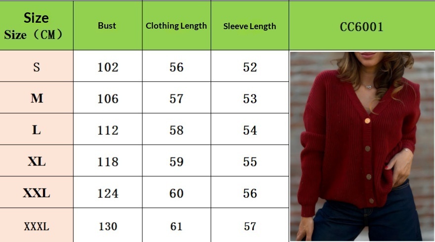 Size chart for Women's Knitted Cardigan