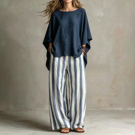 Womens Striped Pants And Cotton-Linen Top Set With Batwing Sleeves