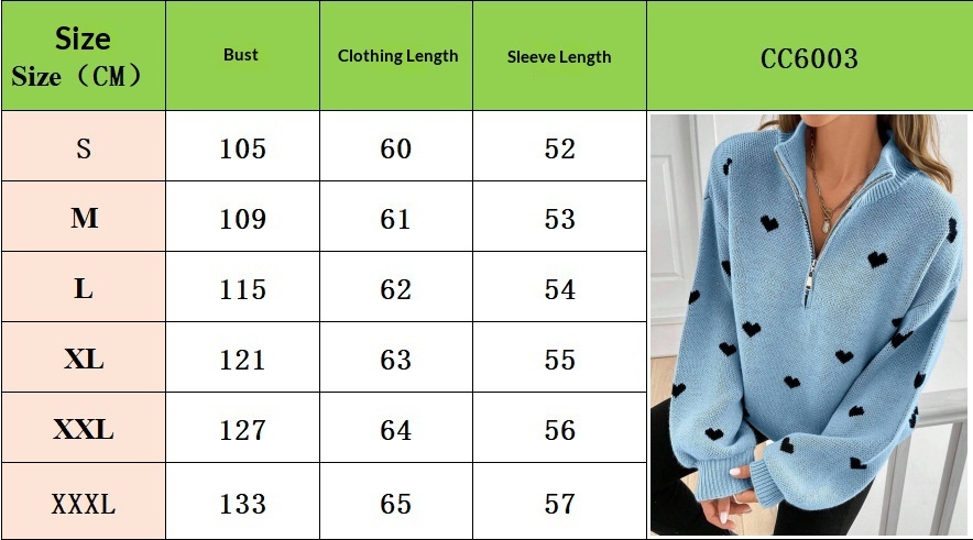 Size chart for Women's Heart-Pattern Knitted Sweater