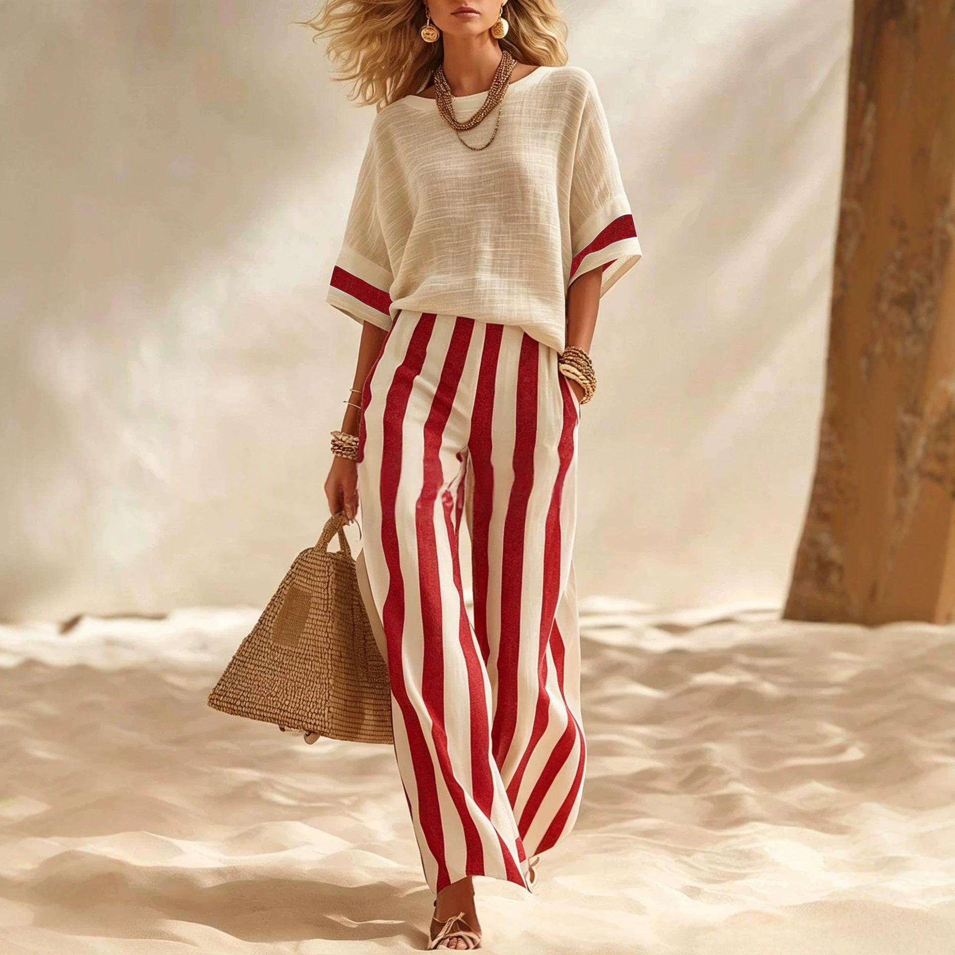 Bamboo-Striped Patchwork Top Two-Piece Set