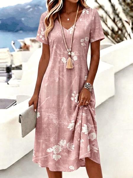 3D-printed V-neck Short-sleeve Elegant Dress