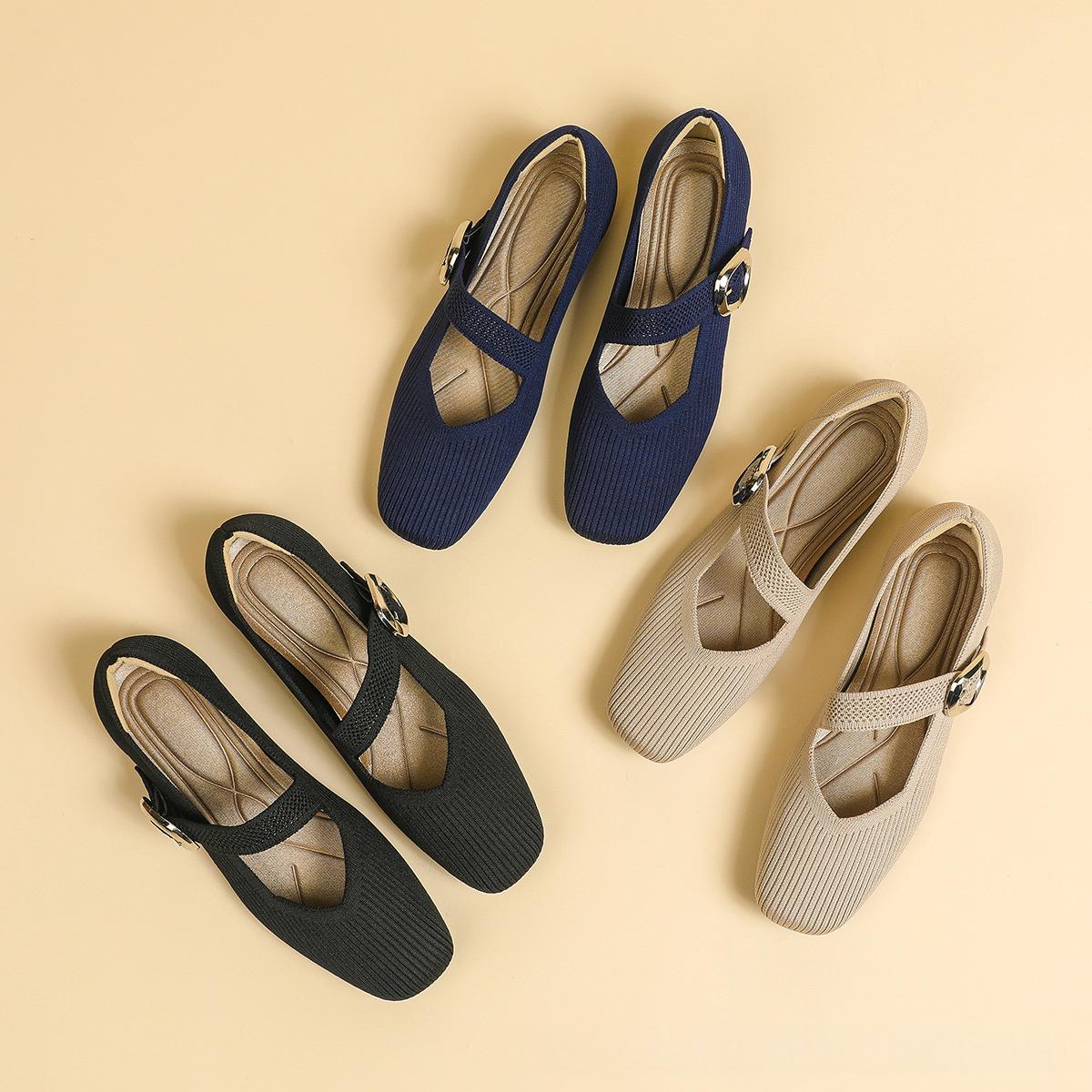 Womens Low-cut Mary Jane Knit Flats