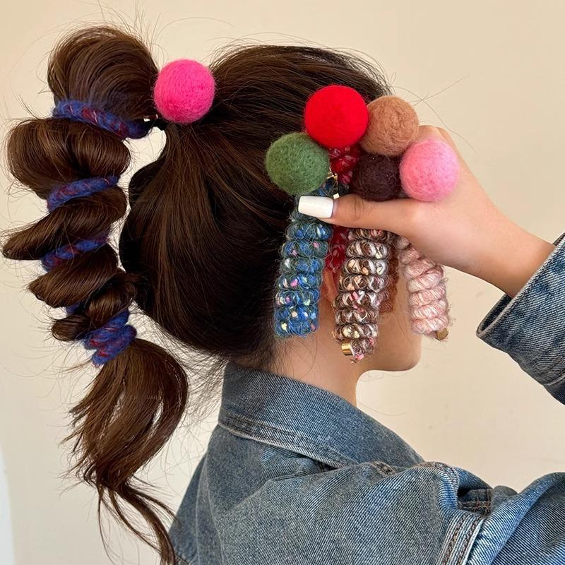Japanese-style Pom-pom Straight Telephone Cord Hair Tie For Women