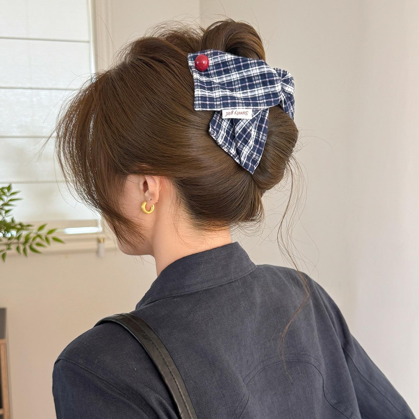 Blue Plaid Polka-Dot Triangle Hair Clip For Women