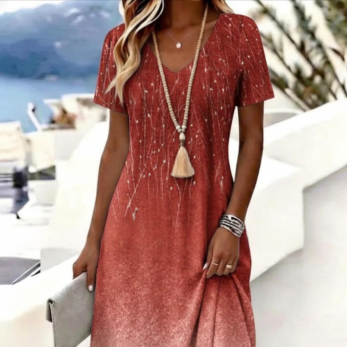 3D-printed V-neck Short-sleeve Elegant Dress