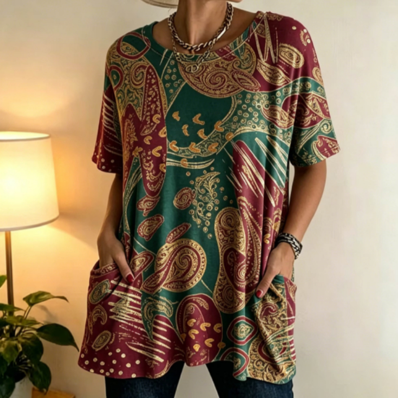 Vintage Paisley Tunic Top With Pockets For Mature Women