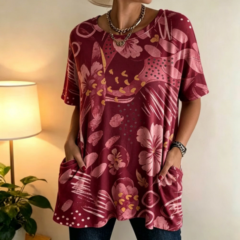 Burgundy Floral Tunic Top With Pockets For Mature Women