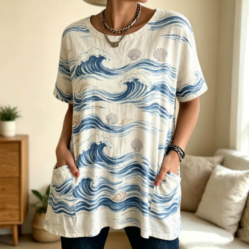 Coastal Ocean Wave Tunic Top With Pockets For Mature Women