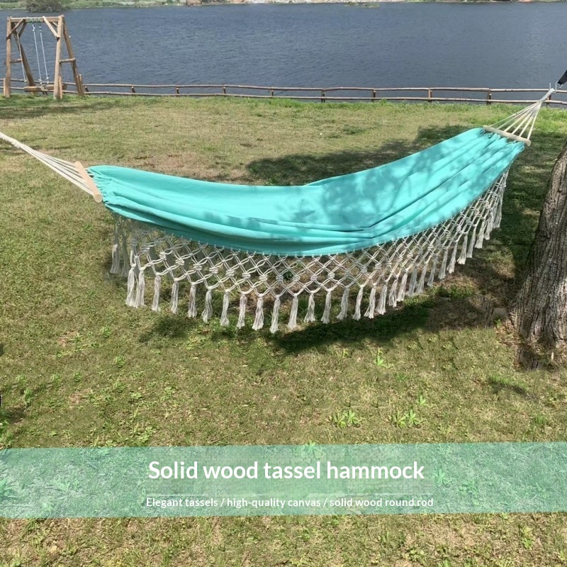 Outdoor Tassel Hammock With Wooden Stakes Canvas Indoor Swing With Side-Sway Prevention