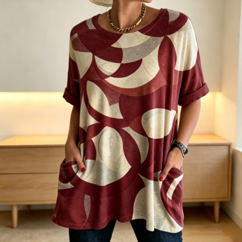 White Floral Tunic Top With Pockets For Mature Women