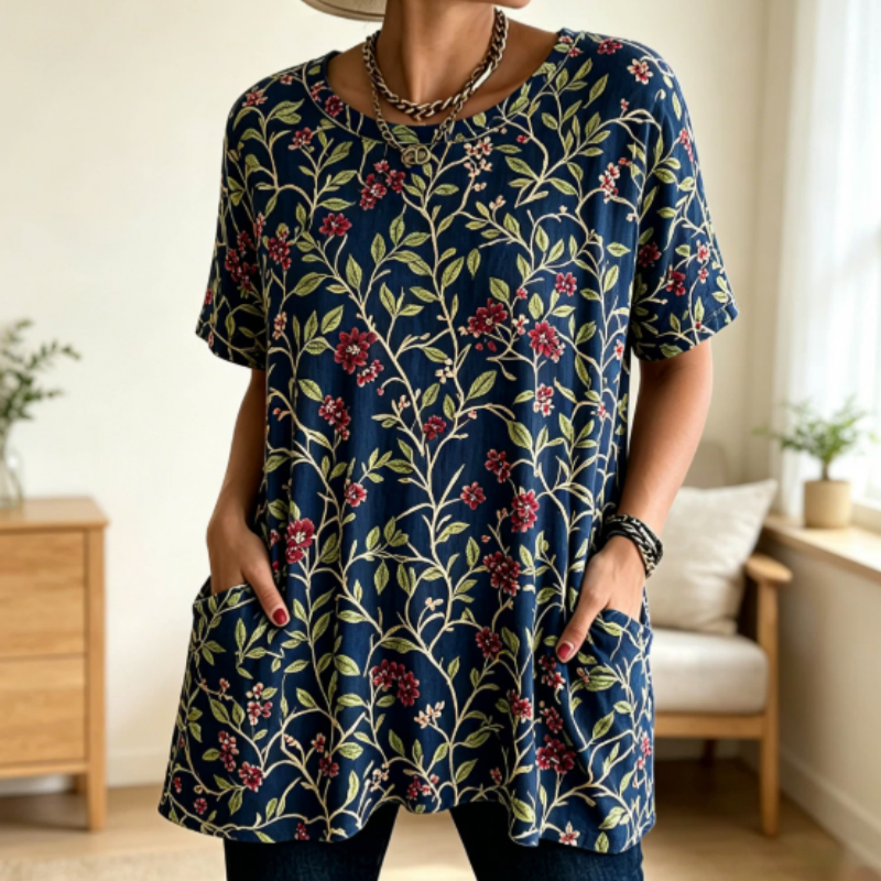 Vintage Floral Tunic Top With Pockets For Mature Women