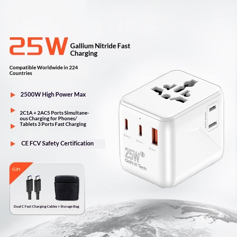 Adaptateur de voyage universel 25W — Prise mondiale USB-C et USB 3