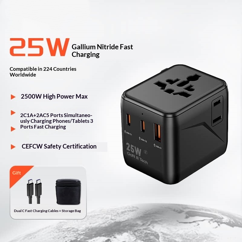 Adaptateur de voyage universel 25W — Prise mondiale USB-C et USB