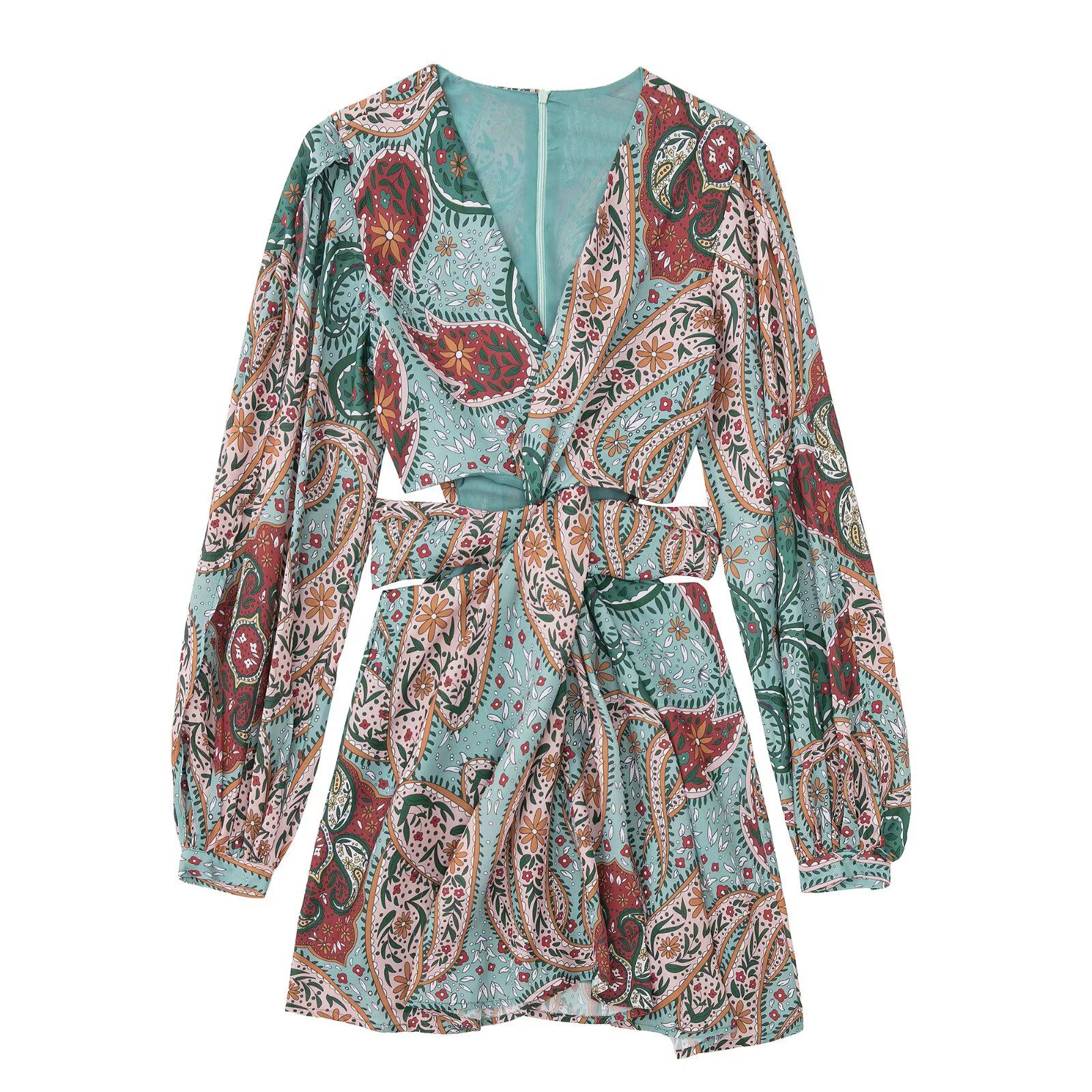 Womens Vintage V-Neck Pistachio-Print Chiffon Dress