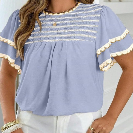 Womens Round-neck Ruffled Short-sleeve Blouse