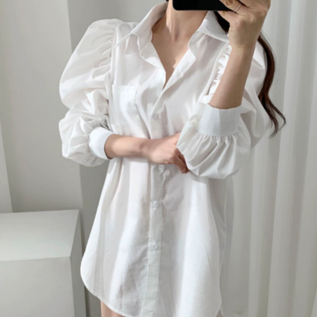 Loose Mid To Long Pleated Design Bubble Sleeve Shirt For Women
