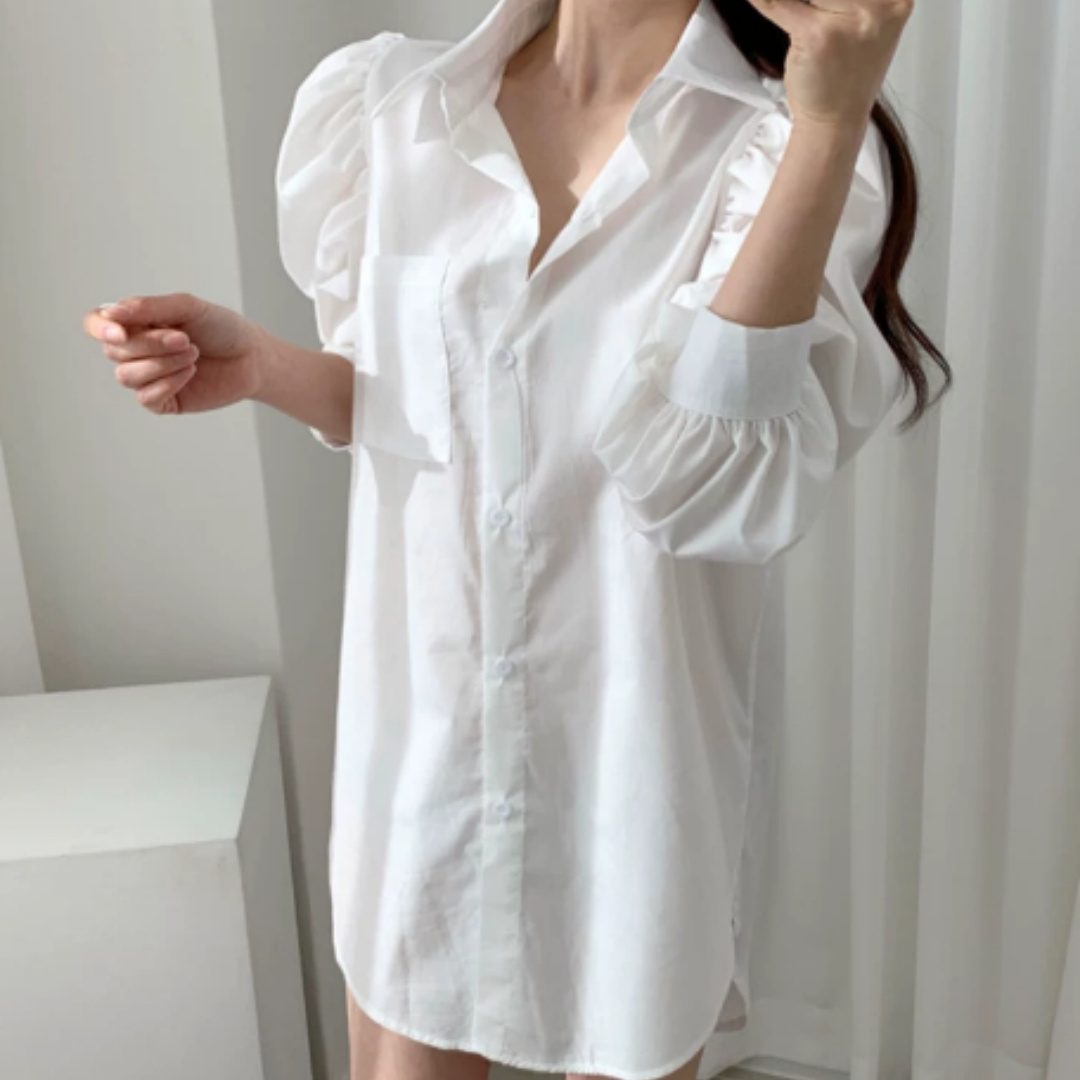 Loose Mid To Long Pleated Design Bubble Sleeve Shirt For Women