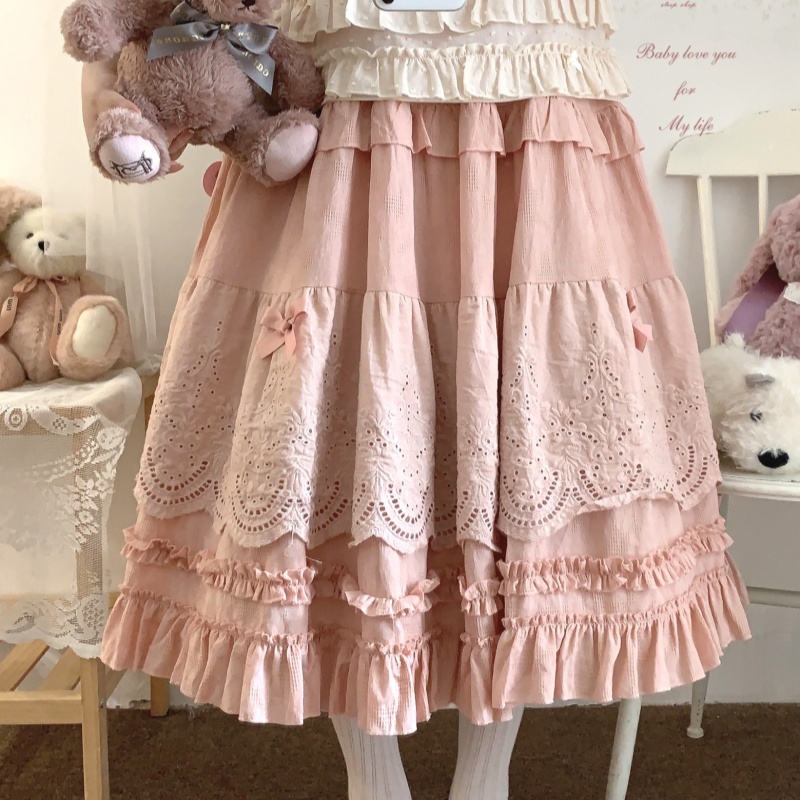Embroidered Lace Vintage Bow Ruffle Tiered Skirt