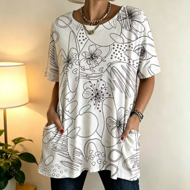 Black And White Line Tunic Top With Pockets For Mature Women