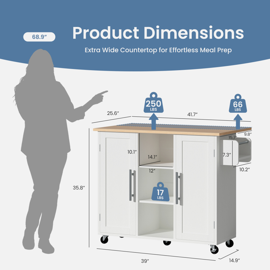 Kitchen Cart With Storage And Drop Leaf Tabletop, Rolling Island On Wheels For Extra Workspace