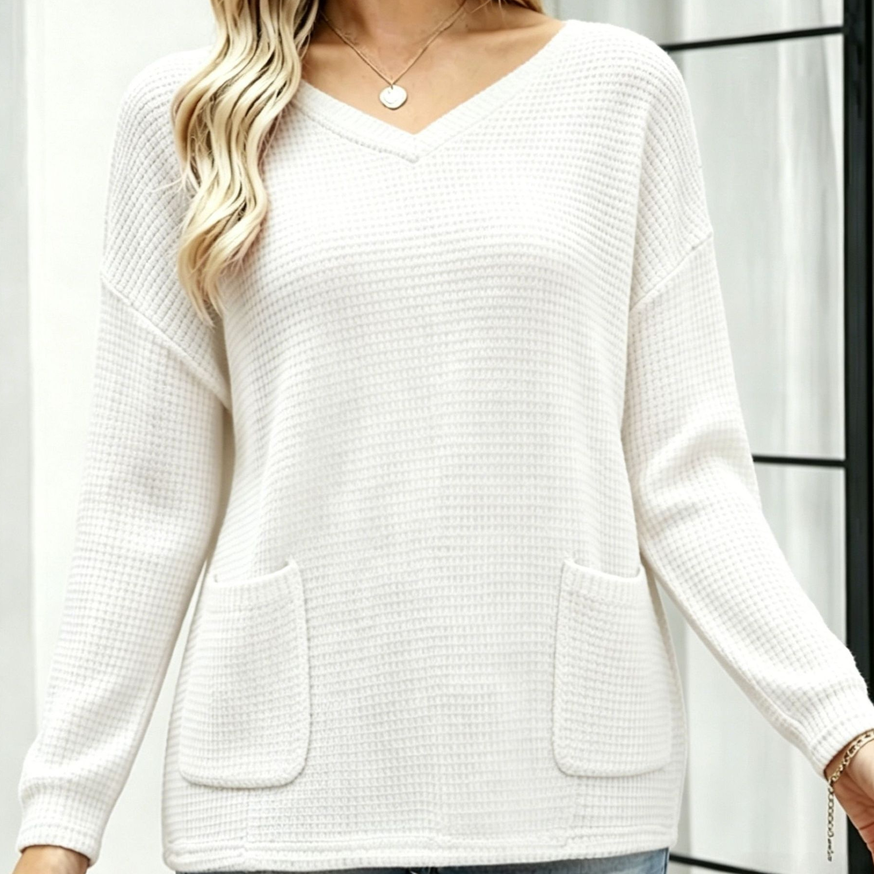 Womens Loose V-Neck Knitted Top