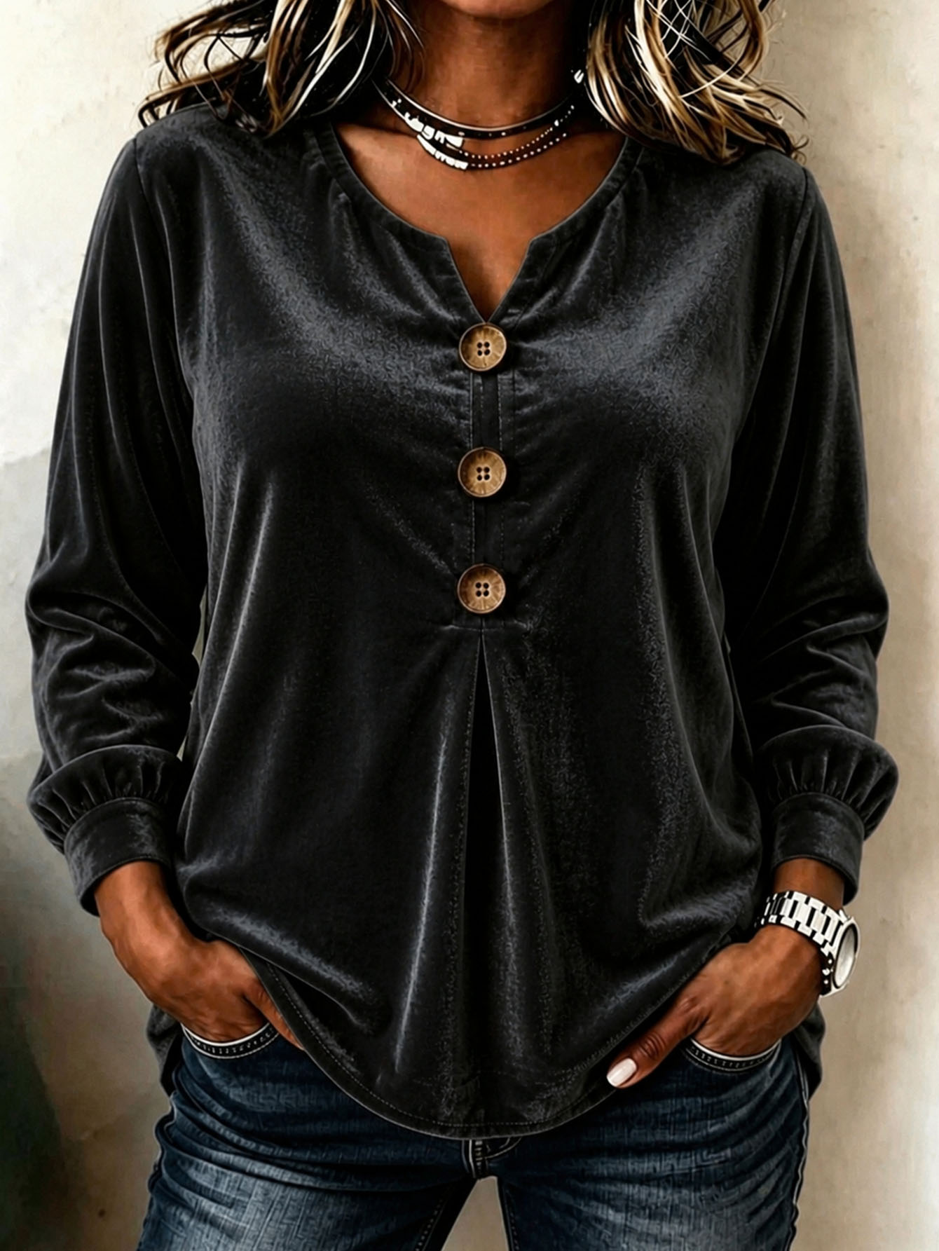 Elegant V-neck Buttoned Long-sleeve Velvet Blouse For Women