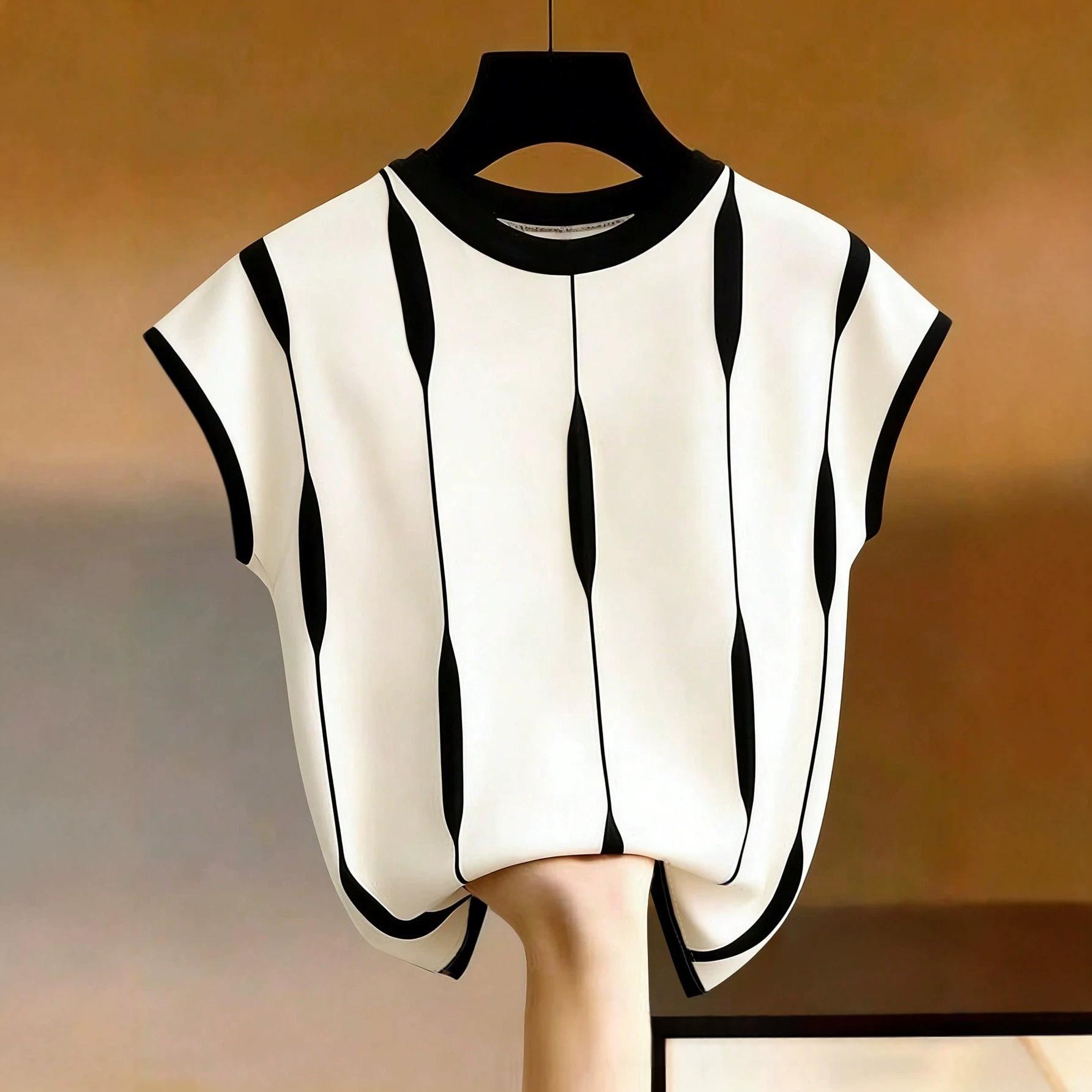 Contrast-trimmed Crew-neck Womens Short-sleeve Top With Geometric Print