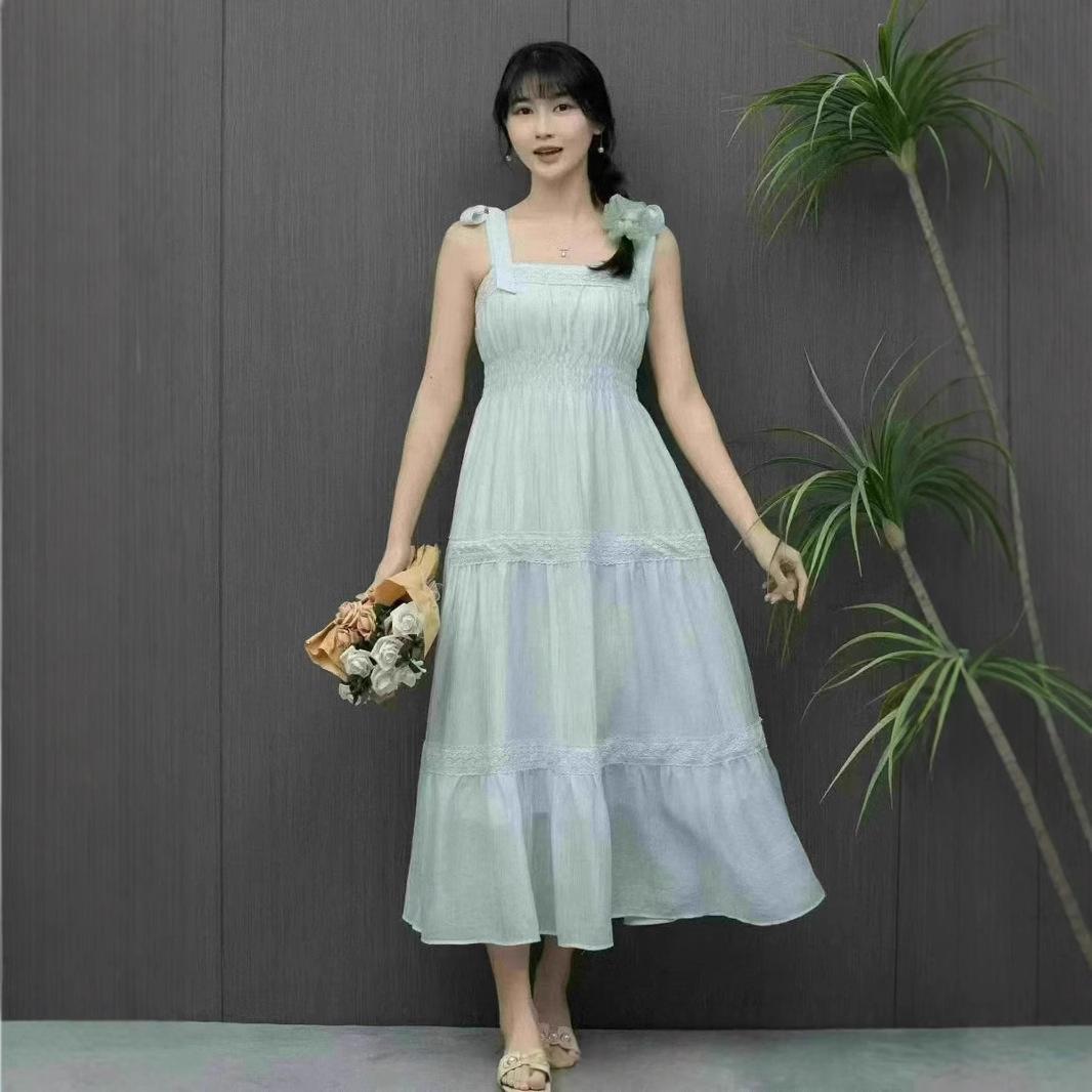 Light Blue Petite Strap Dress For Women Summer Style