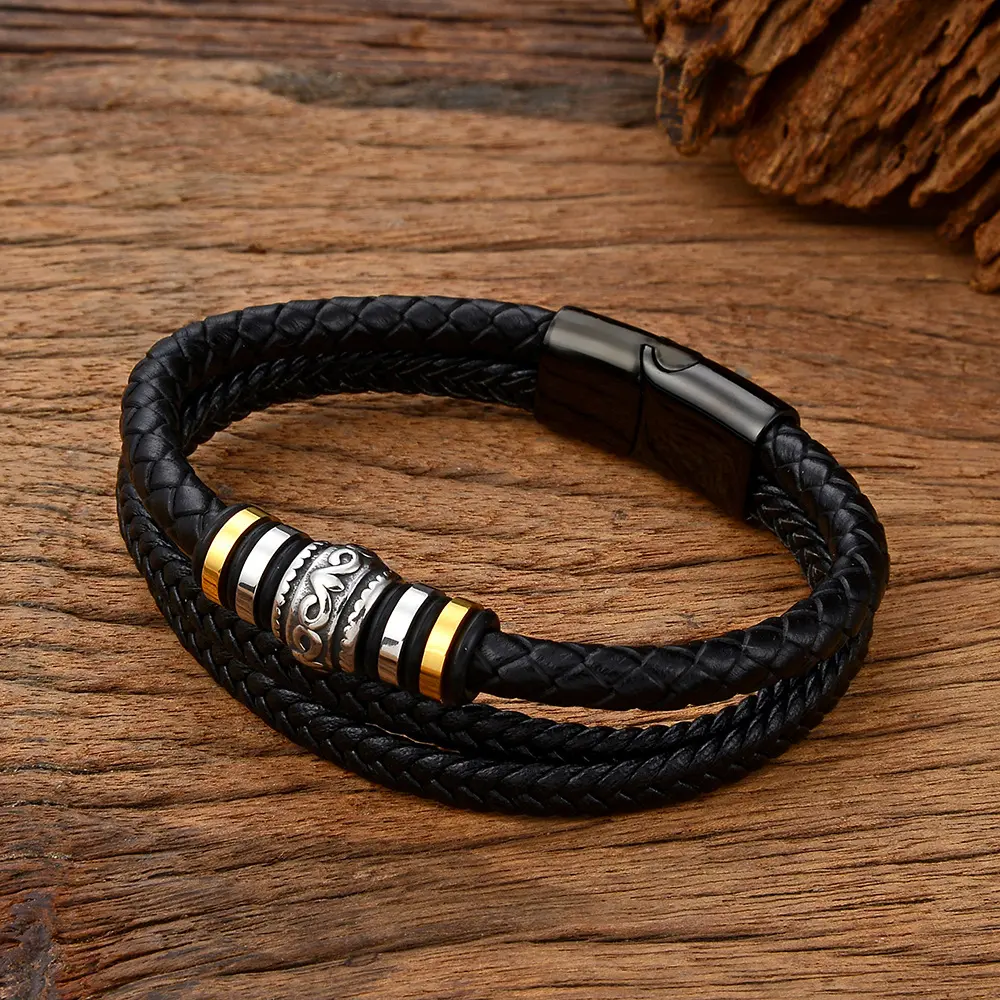 European And American Braided Rope Leather Titanium Steel Bracelet