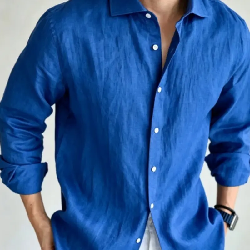 Mens Navy Blue Linen Fashionable Casual Shirt