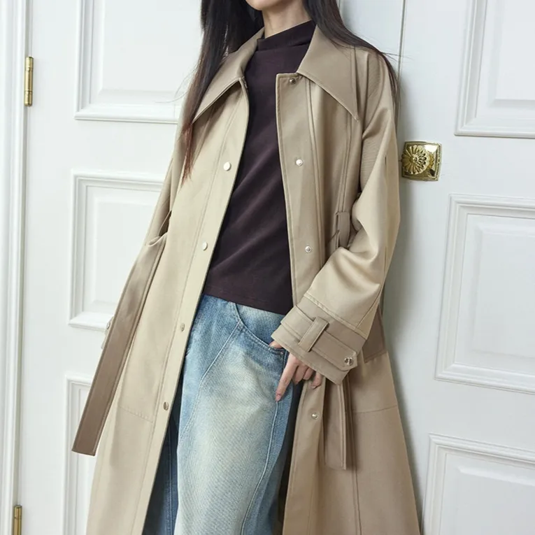 Vintage High-end Leather-patchwork Mid-length Trench Coat