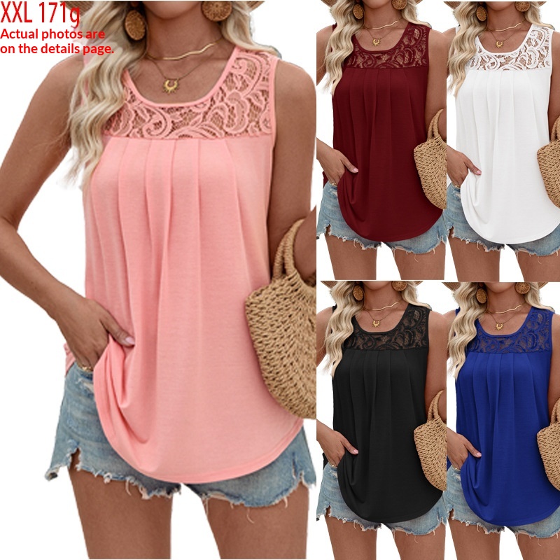 Sleeveless Lace Pleated Crew-Neck Casual Womens Top