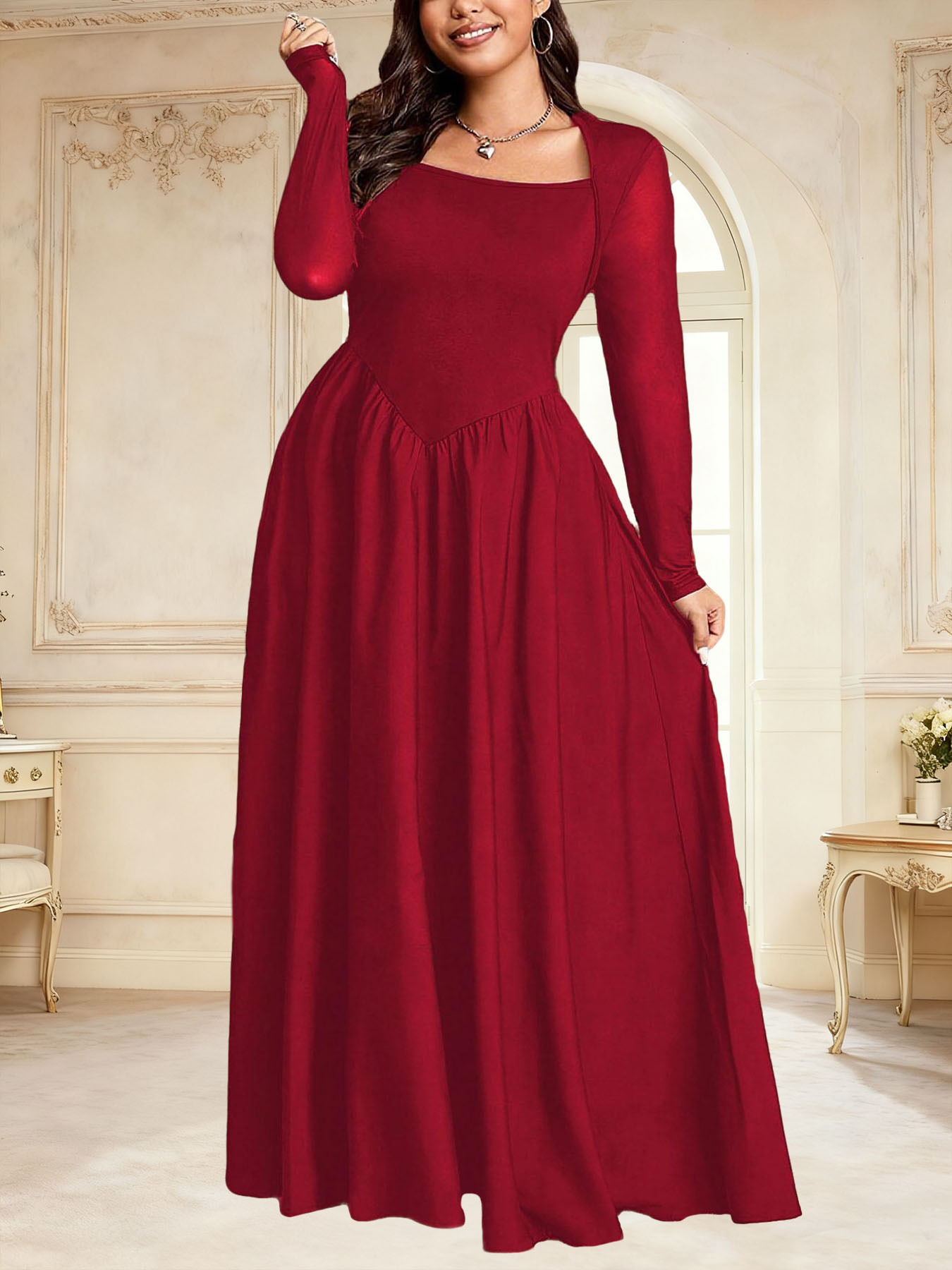 Womens Solid-color Vintage Square-neck Elegant Dress