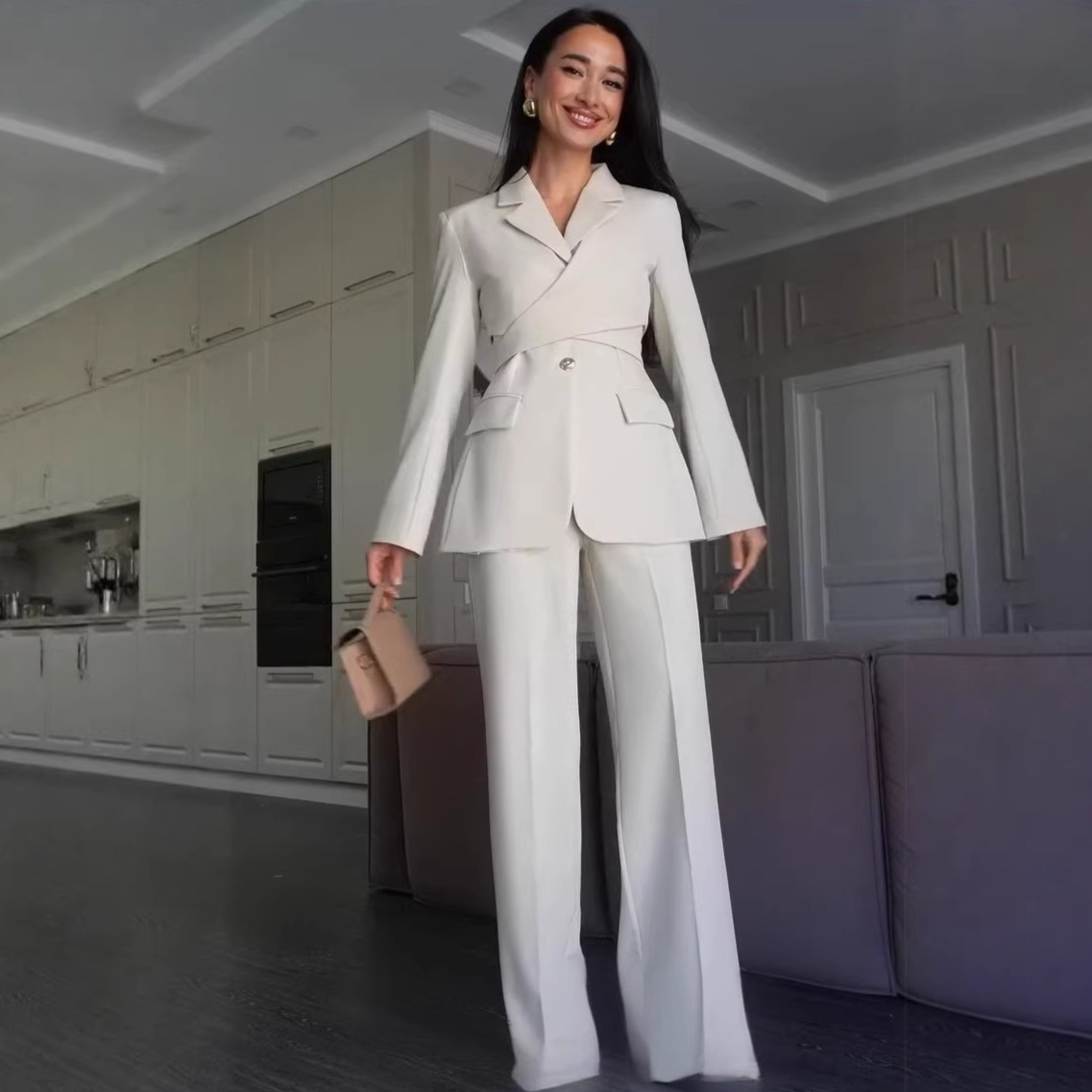 Womens Lapel-collar Cross-front Blazer And Straight-leg Pants