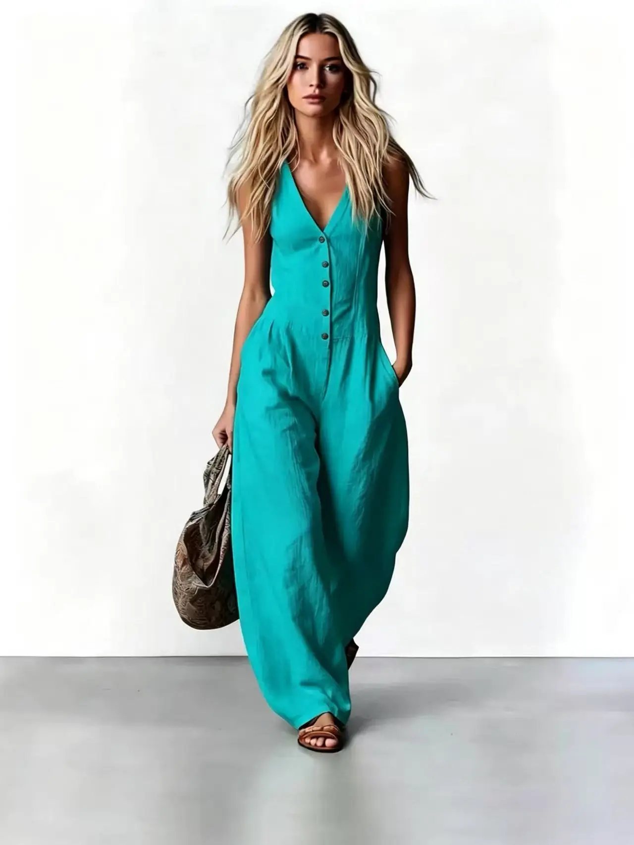 Fashionable V-neck Sleeveless Jumpsuit For Women