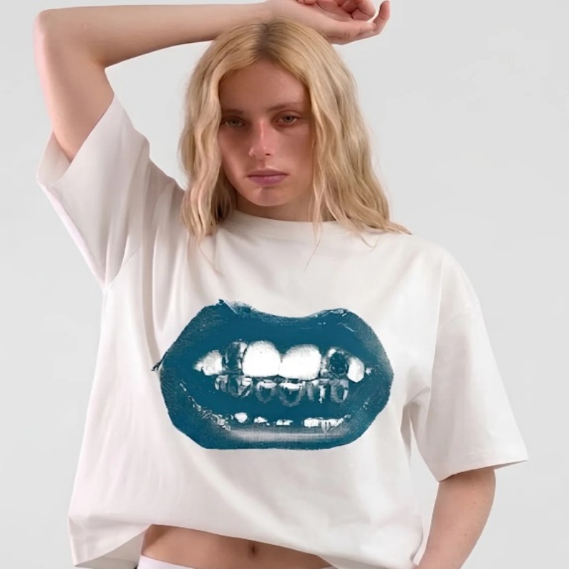 Mens And Womens Couple Solid-color White Printed Short-sleeve Tops