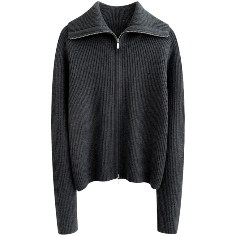 Wool Lapel Knitted Cardigan Relaxed-fit Jacket With Double Zippers