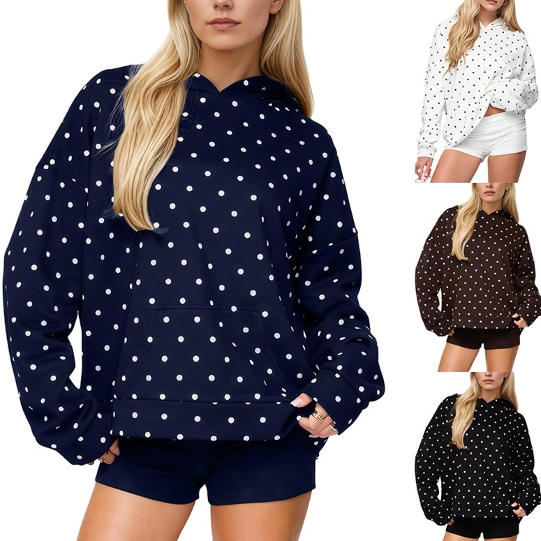Womens Polka-dot Print Loose-fitting Sweatshirt With A Hood