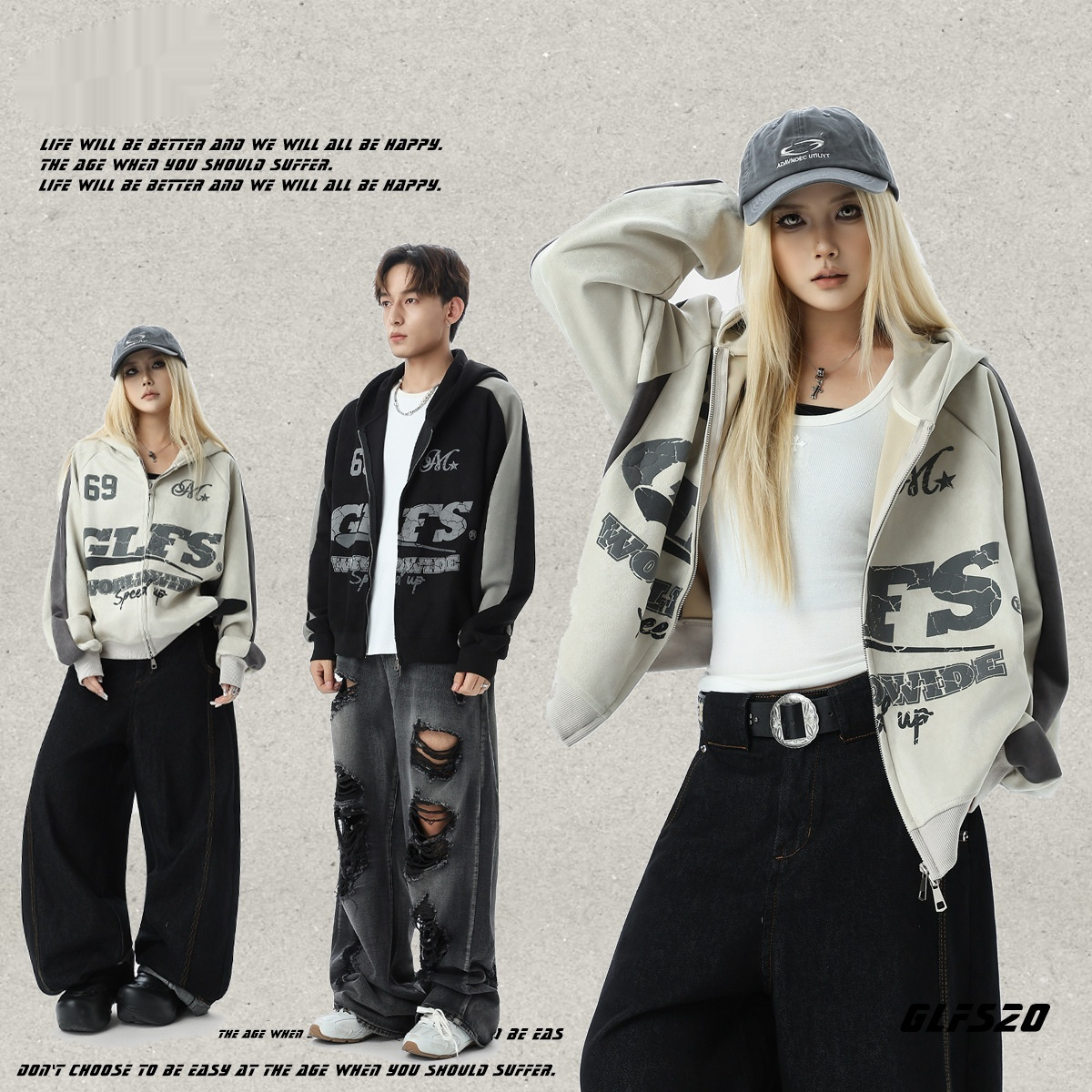 American-style Suede-Brushed Zip-Up Jacket Sweatshirt Short-Style Hooded Top For Couples