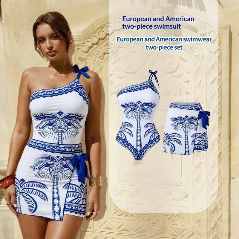 Sexy One-shoulder Printed One-piece Swimsuit With A Short Skirttwo-piece Set 3