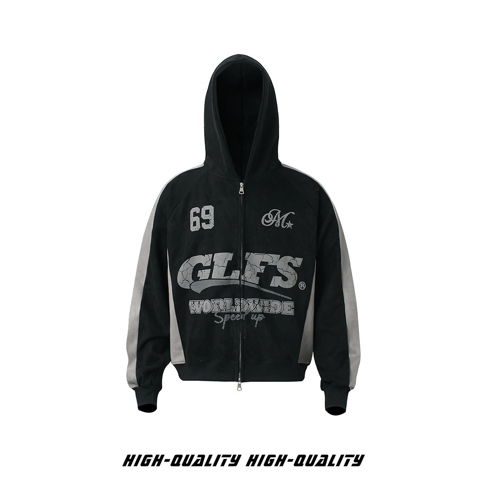 American-style Suede-Brushed Zip-Up Jacket Sweatshirt Short-Style Hooded Top For Couples