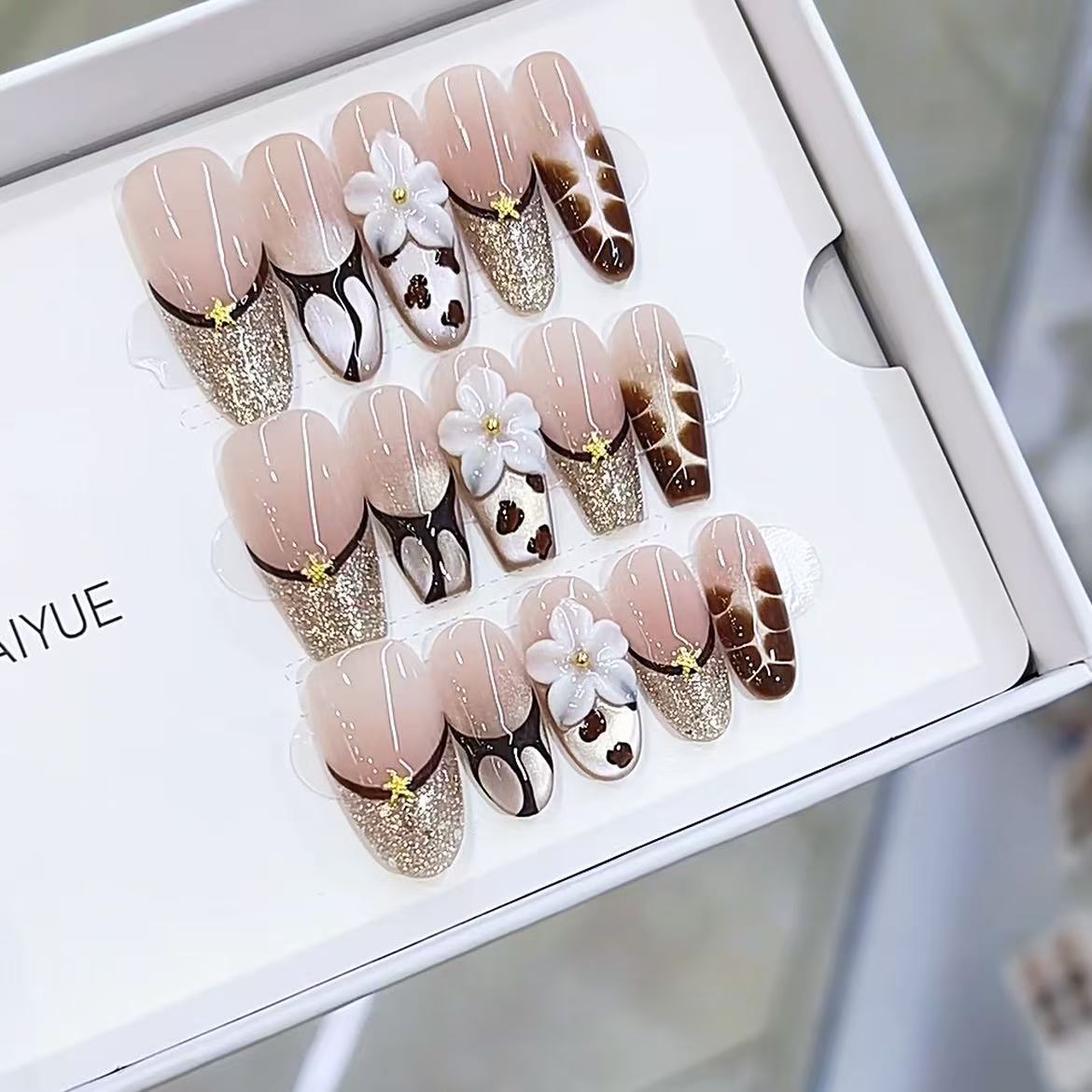 Caramel-colored Hand-painted Carved French-style Handmade Wearable Nail Tips