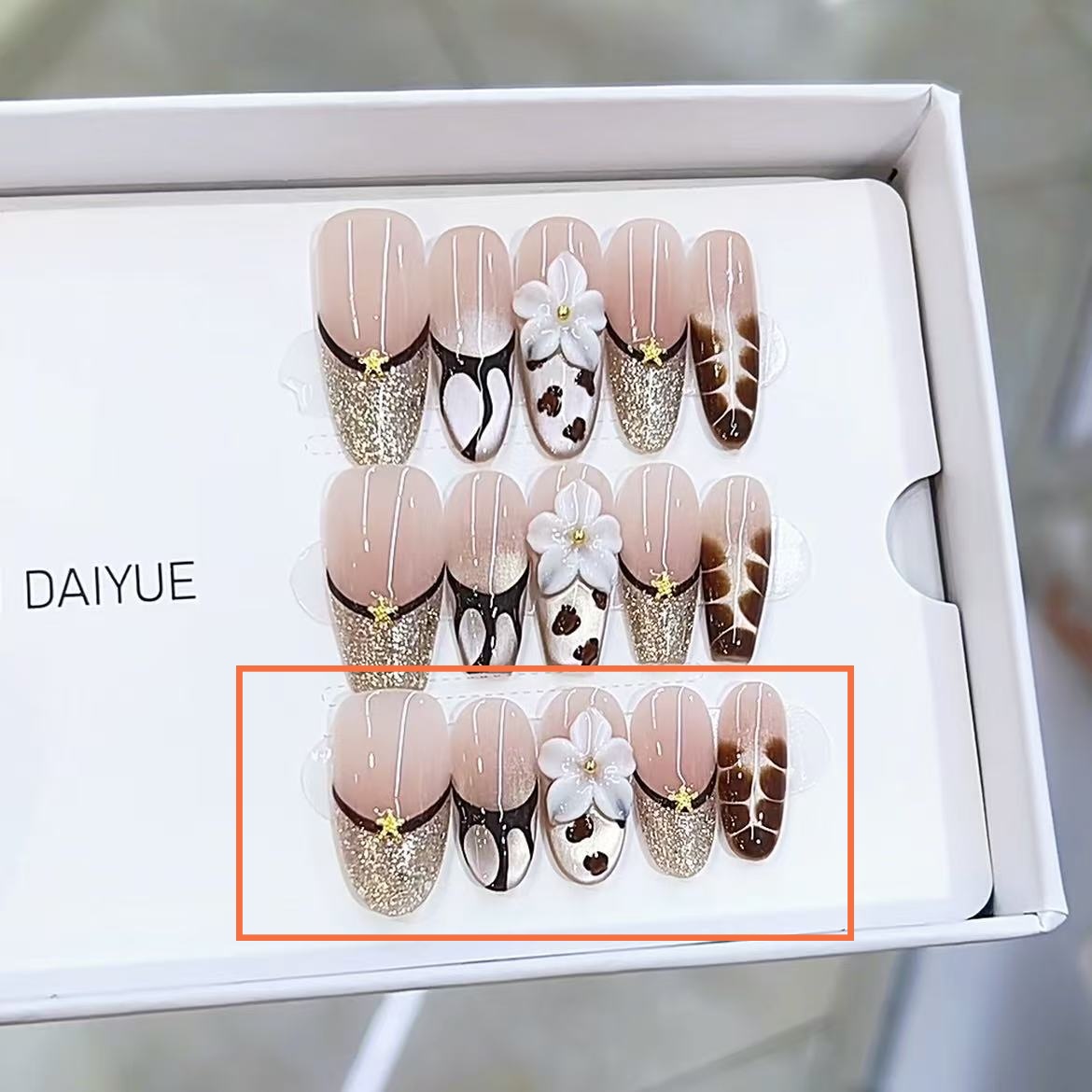 Caramel-colored Hand-painted Carved French-style Handmade Wearable Nail Tips