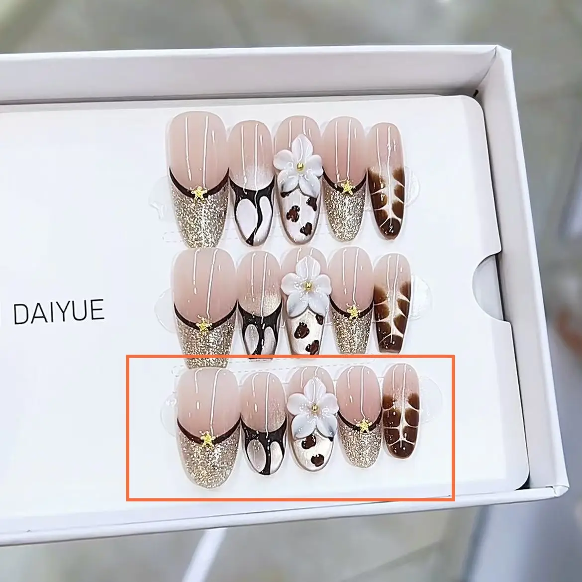 Caramel-colored Hand-painted Carved French-style Handmade Wearable Nail Tips