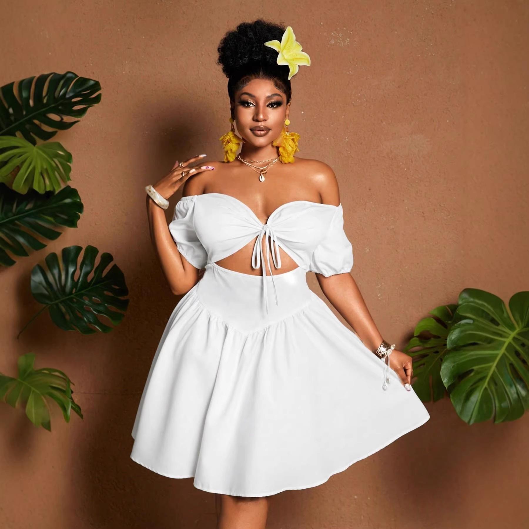 Womens Solid-color Plus-size Off-shoulder Midriff-baring Puff-sleeve Dress