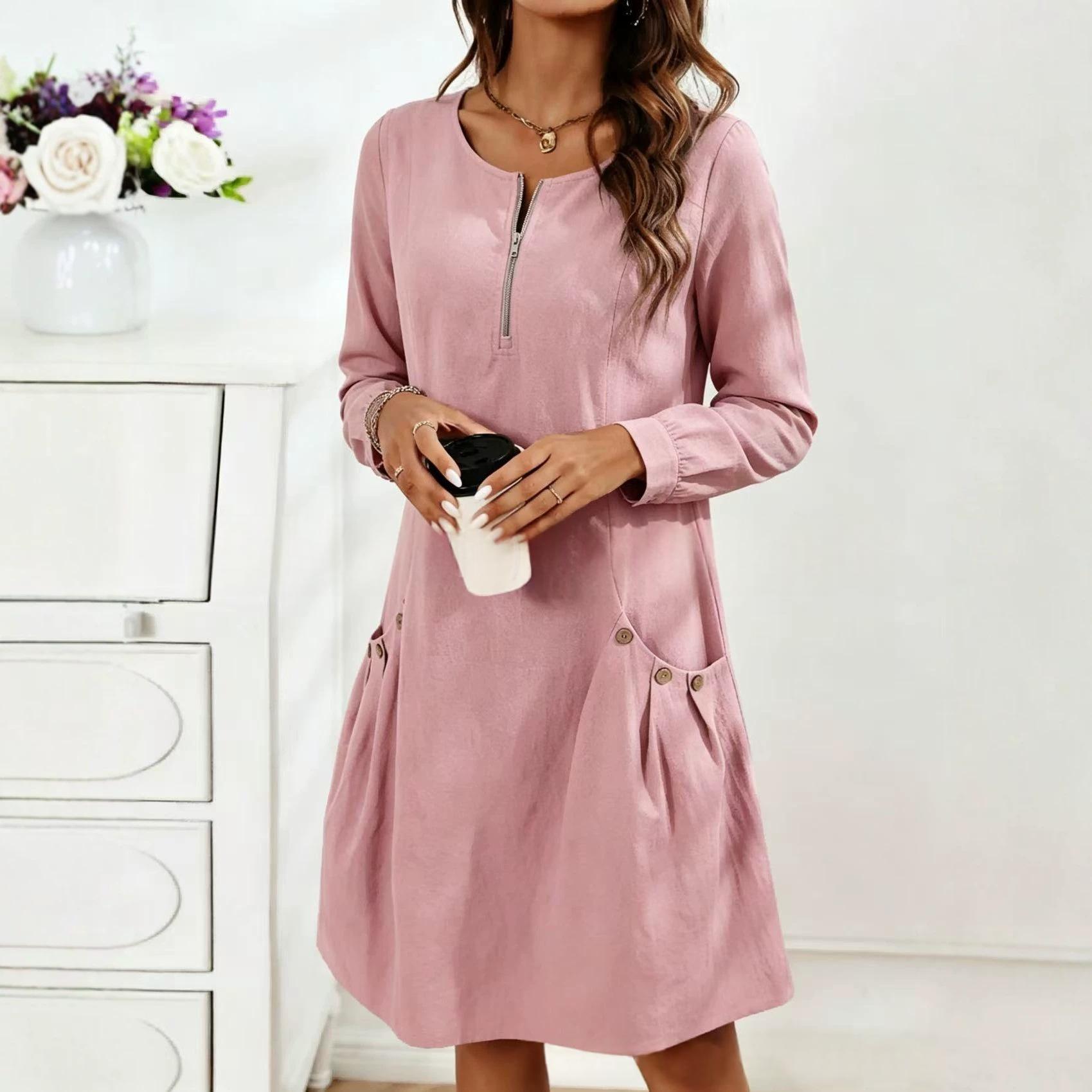 Womens Half-Zip Crew-Neck Long-Sleeve Button-Down Dress