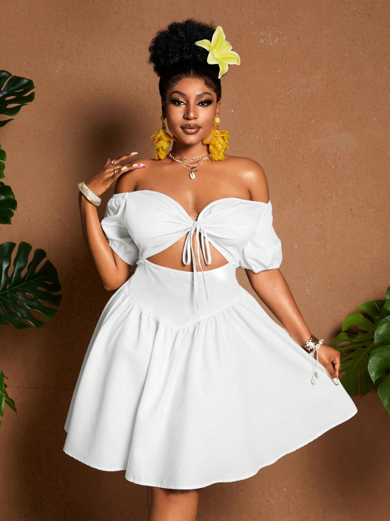 Womens Solid-color Plus-size Off-shoulder Midriff-baring Puff-sleeve Dress