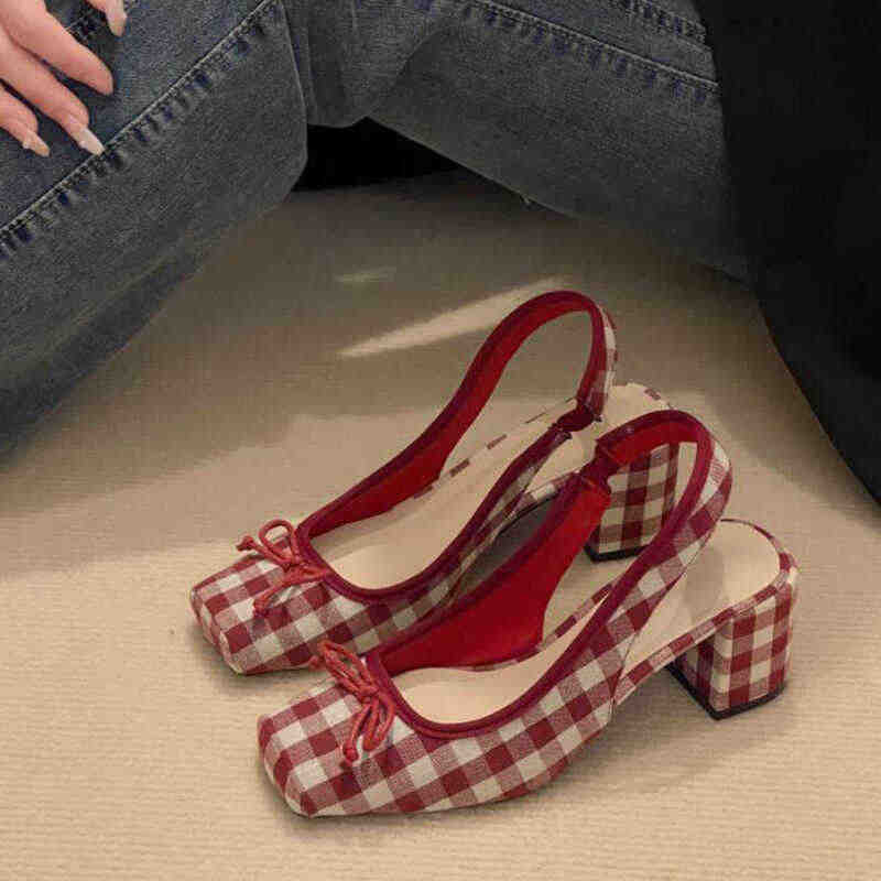 Womens Retro Square-toe Plaid Bow Chunky-heel Sandals
